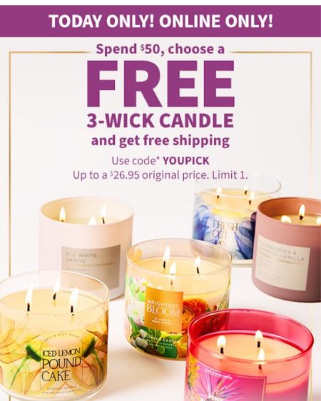 April 21, 2024 ONE DAY special 
Bath a and Body Works
• Free 3-Wick Candle
• Free Shipping 
• When you spend $50
• Online Only

#deal #onedaysaledeal


#LTKsalealert #LTKGiftGuide #LTKhome