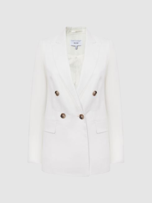 Reiss White Hollie Petite Double Breasted Linen Blazer | Reiss UK