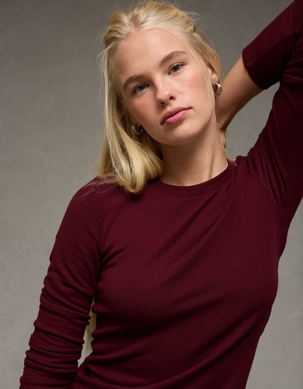AE Long Sleeve Cozy Crew Neck T-Shirt | American Eagle Outfitters (US & CA)
