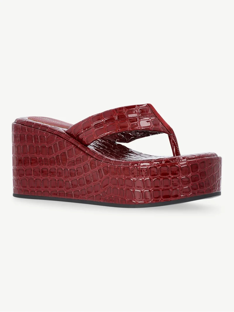 No Boundaries Embossed Faux Leather Platform Thong Sandals, Women's | Walmart (US)