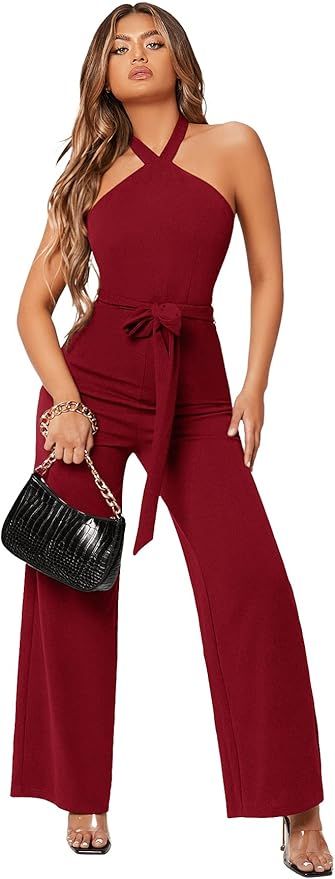 OYOANGLE Women's Ring Link Tie Back Backless Slit Party Romper Halter Jumpsuit | Amazon (US)