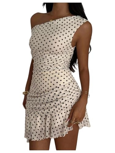 WDIRARA Women's Polka Dots Off the Shoulder Dress Ruched Asymmetrical Ruffle Short Dresses | Amazon (US)