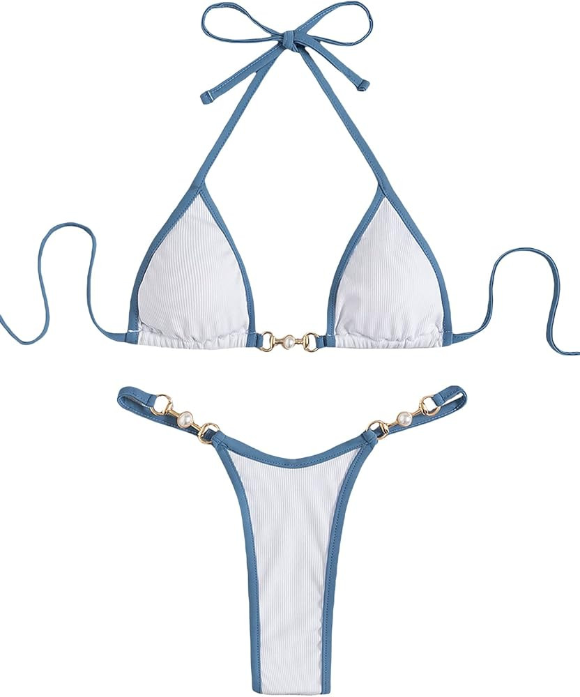 SheIn Women's 2 Piece Colorblock Micro Bikini Set Thong String Swimsuit Chain Bathing Suit | Amazon (US)