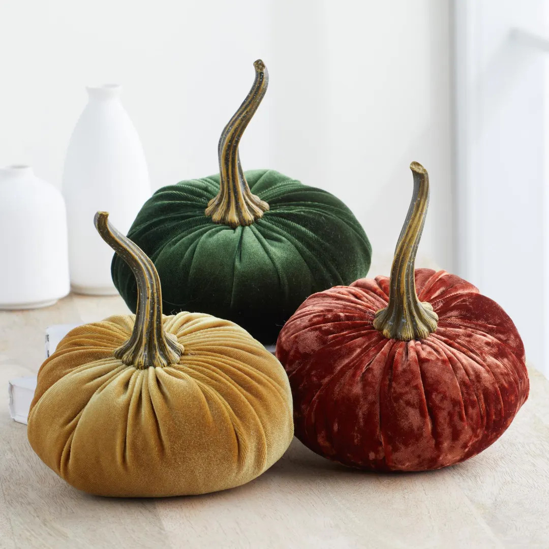 Large Velvet Pumpkins Set of 3, Orange Pumpkin Fall Home Decor, Bookshelf Accent, Thanksgiving Ta... | Etsy (US)