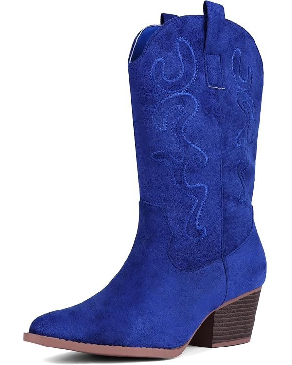 Bandkos Cowboy Boots for Women Cowgirl Mid Calf Western Embroidered Boot Low Chunky Block Heel Fa... | Amazon (US)