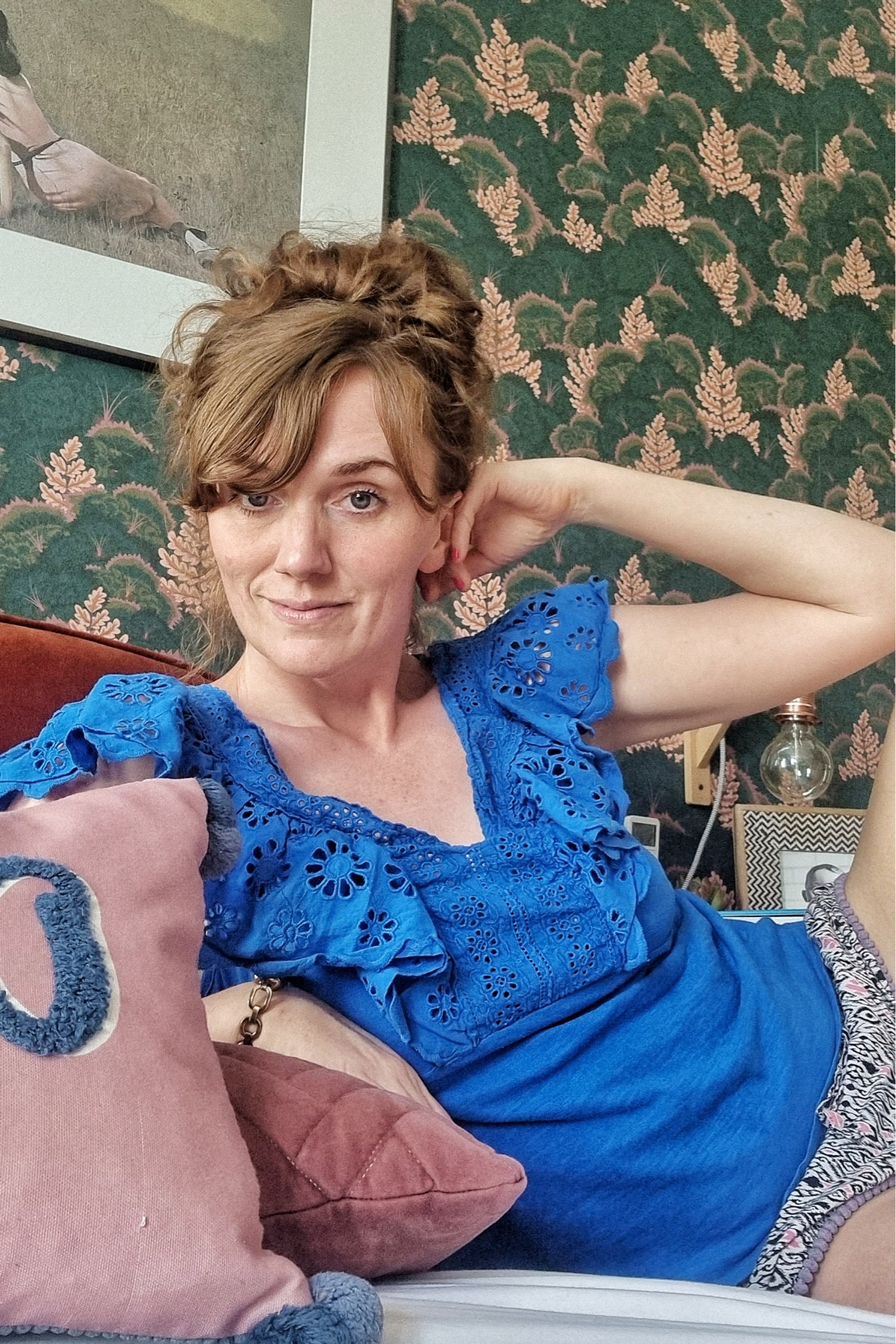 Summer top, relaxed outfit, weekend outfit, blue vest, broderie vest, broderie top, Blue top, pink pillow, green wallpaper, bedroom inspo, Miss Selfridge, Matalan, Dorothy Perkins, M&S

#LTKeurope #LTKSeasonal #LTKstyletip