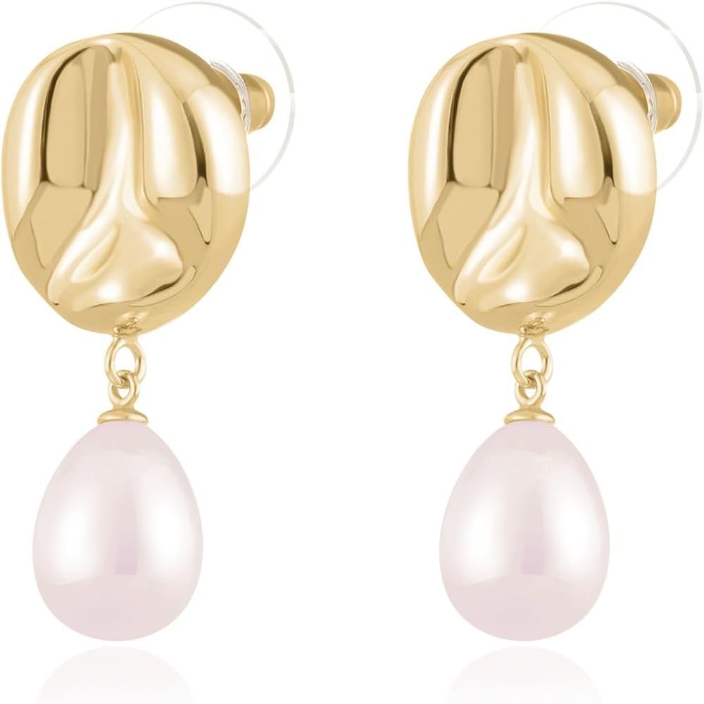 14K Gold Plated Stud Pearl Drop Dangle Earrings for Women Girls | Amazon (US)