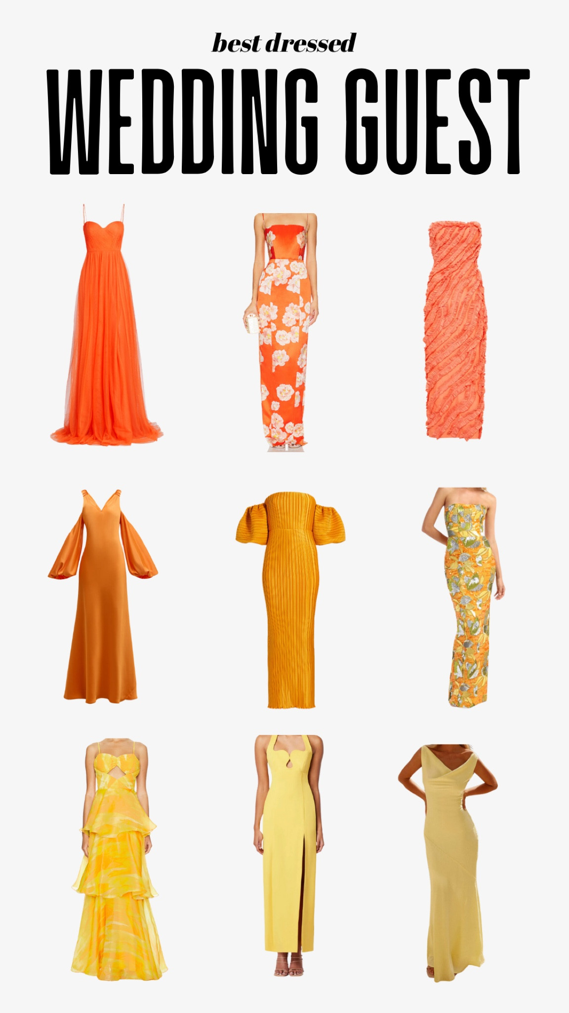 Wedding guest dress, formal dress, formal gown, yellow dress, orange dress, bridesmaids dress, beach wedding guest dress 

#LTKStyleTip #LTKWedding #LTKSeasonal