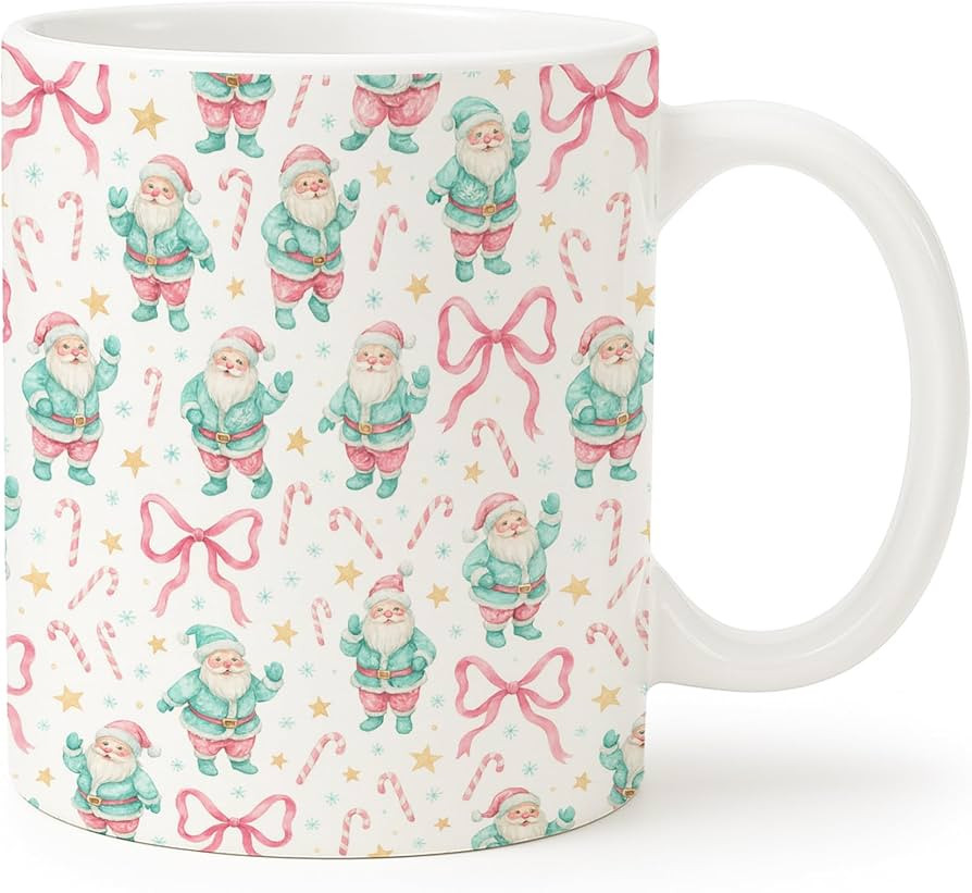 Pastel Christmas Santa Ceramic Coffee Mug 11 oz, Coquette Pink Bow Candy Cane Christmas Coffee Cu... | Amazon (US)