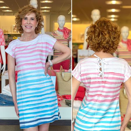 This darling t-shirt dress is the prettiest striped dress I’ve seen in a long time! It’s so soft and I love the ombré watercolors and the lace up detailing on the back.

I’m 5’5” and I’m wearing a petite because I wanted it a little on the short side.

Take 40% off your first item and 30% off the rest of your purchase with code SUMMER right now at Talbots!

#LTKStyleTip #LTKSeasonal #LTKSaleAlert