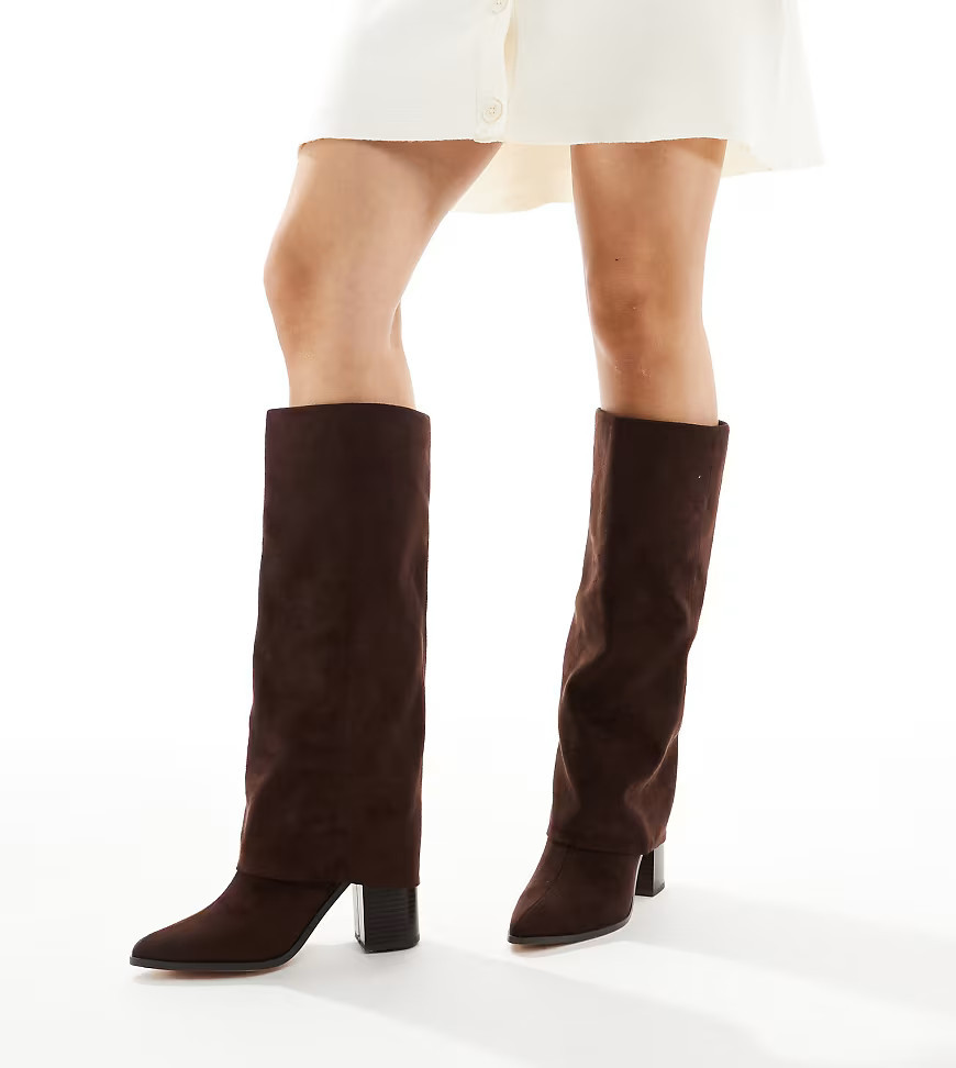 London Rebel Wide Fit Elena fold over knee boots in chocolate-Brown | ASOS (Global)