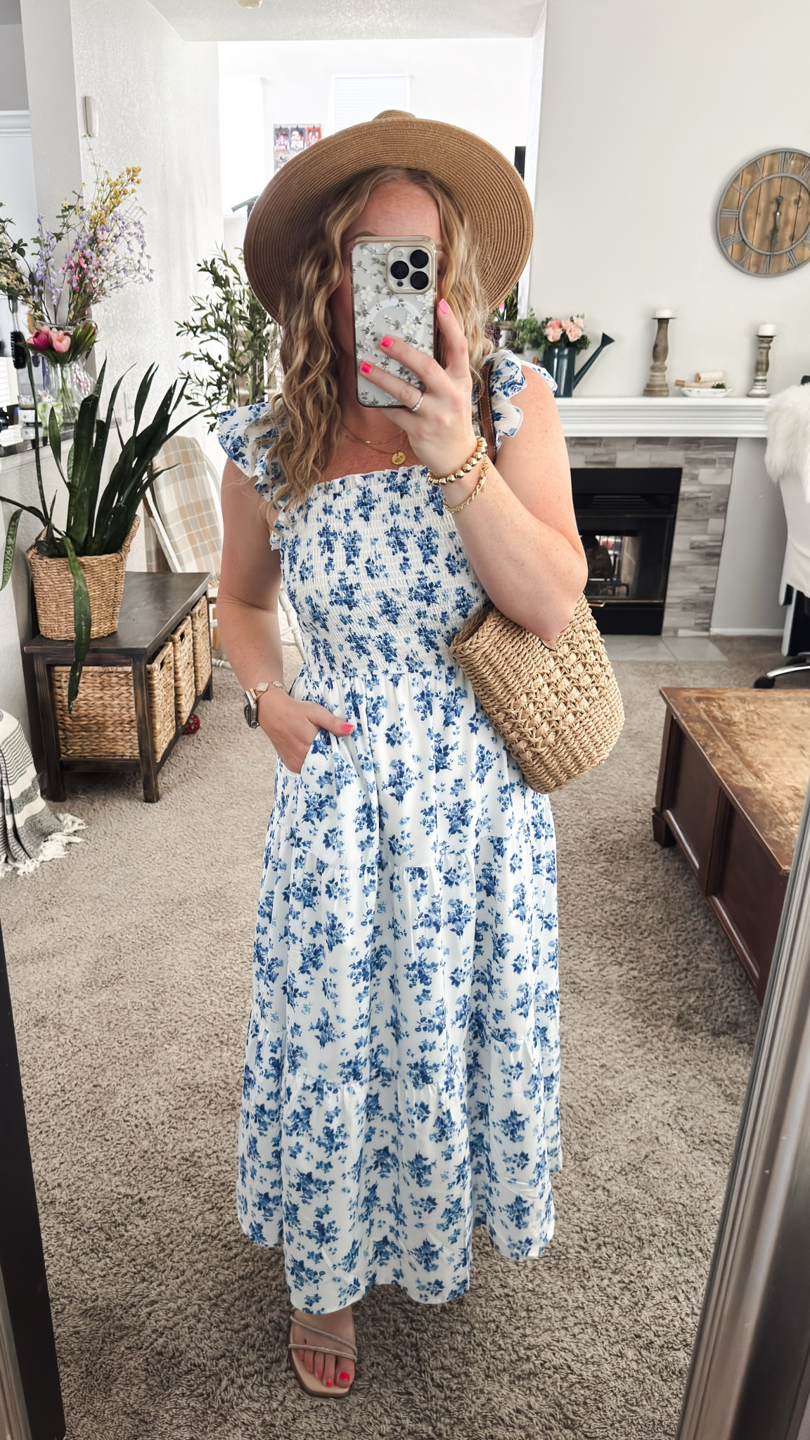 Beach vacation outfit —White and blue floral summer dress with sun hat, straw tote bag, and sandals







vacation outfits, tropical outfits, beach outfits, beach clothes, resort wear 2026, summer outfits, beach vacation outfit 

#LTKSaleAlert #LTKTravel #LTKPetite