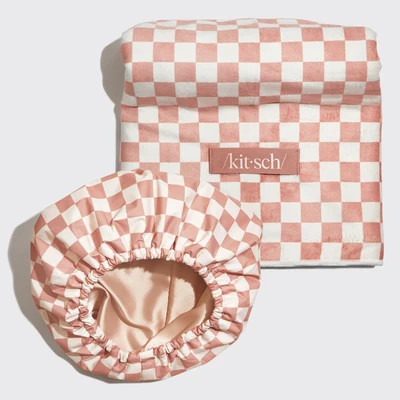 Terracotta Checker Satin Lined Flexi Shower Cap + XL Hair Towel Bundle | Kitsch