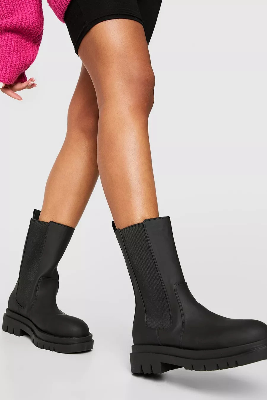 Wide Fit Rubber Calf High Chunky Sole Chelsea Boots | Boohoo.com (US & CA)