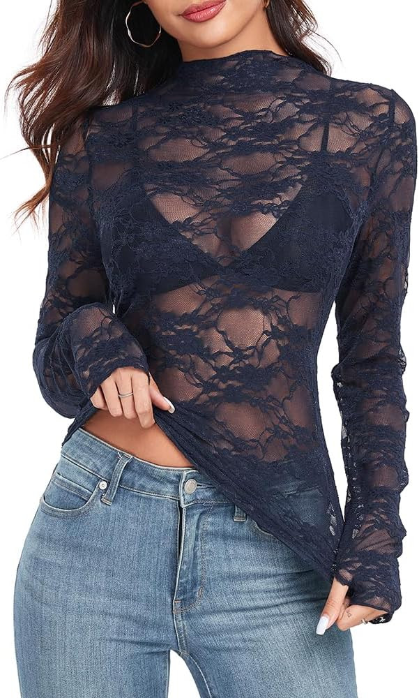 IWOLLENCE Women's Long Sleeve Mock Neck Lace Tops Sexy Floral Western See Through Blouse Sheer Me... | Amazon (US)