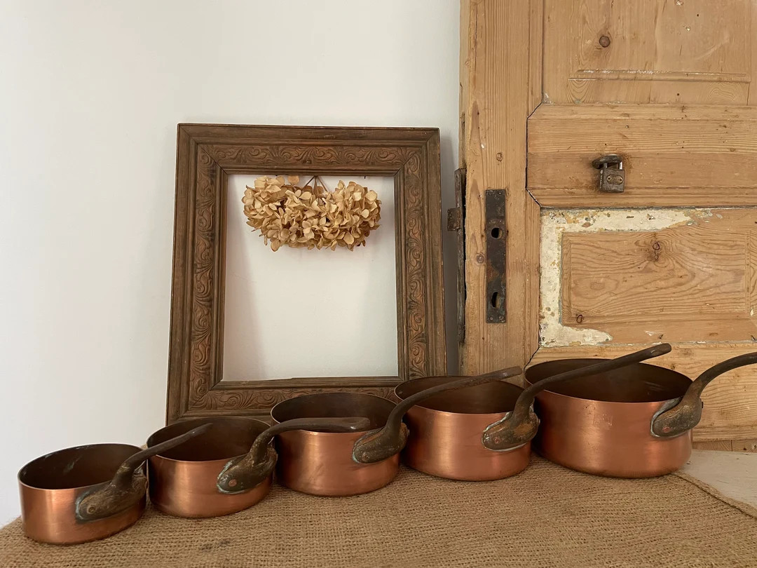 Vintage Copper Saucepans, Graduated Set of 5 unlined, Wrought Iron Handles, French Copper Kitchen... | Etsy (US)