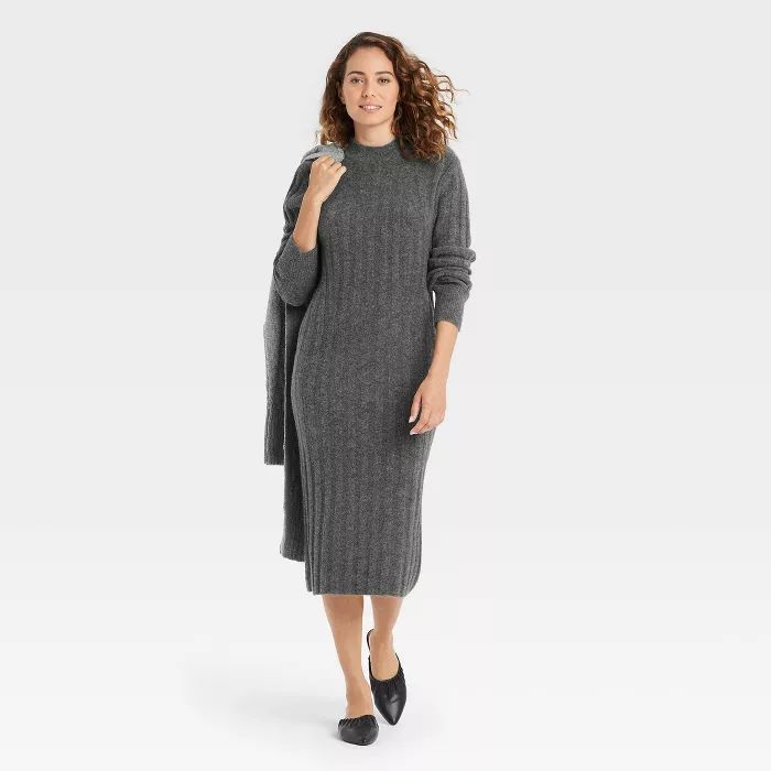 Women&#39;s Long Sleeve Rib-Knit Sweater Dress - A New Day&#8482; Charcoal XS | Target