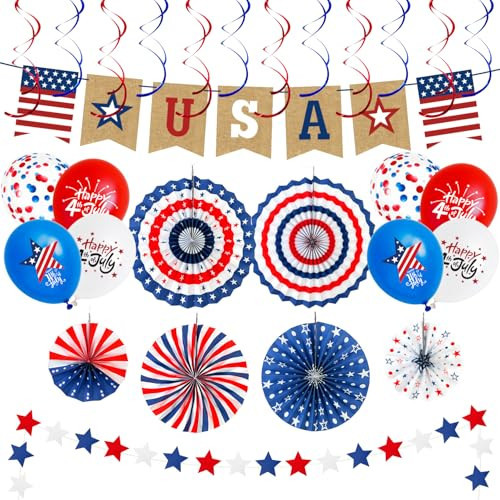 28 PCS 4th Fourth of July Decorations, 250th Patriotic Party Supplies for Independence Day, Red White Blue USA Flag Banner, Paper Fans, Hanging Swirls, Star Streamers, Balloons for Memorial Day Decor | Amazon (US)