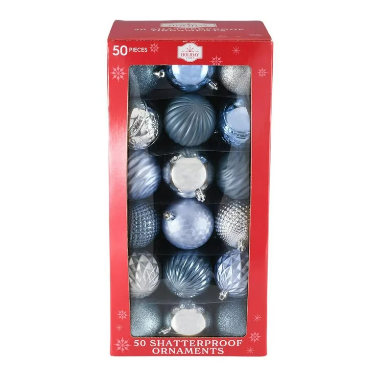 50-Count Silver/Blue/Slate Blue Shatterproof Ball Christmas Ornaments, 2.75 in, by Holiday Time -... | Walmart (US)