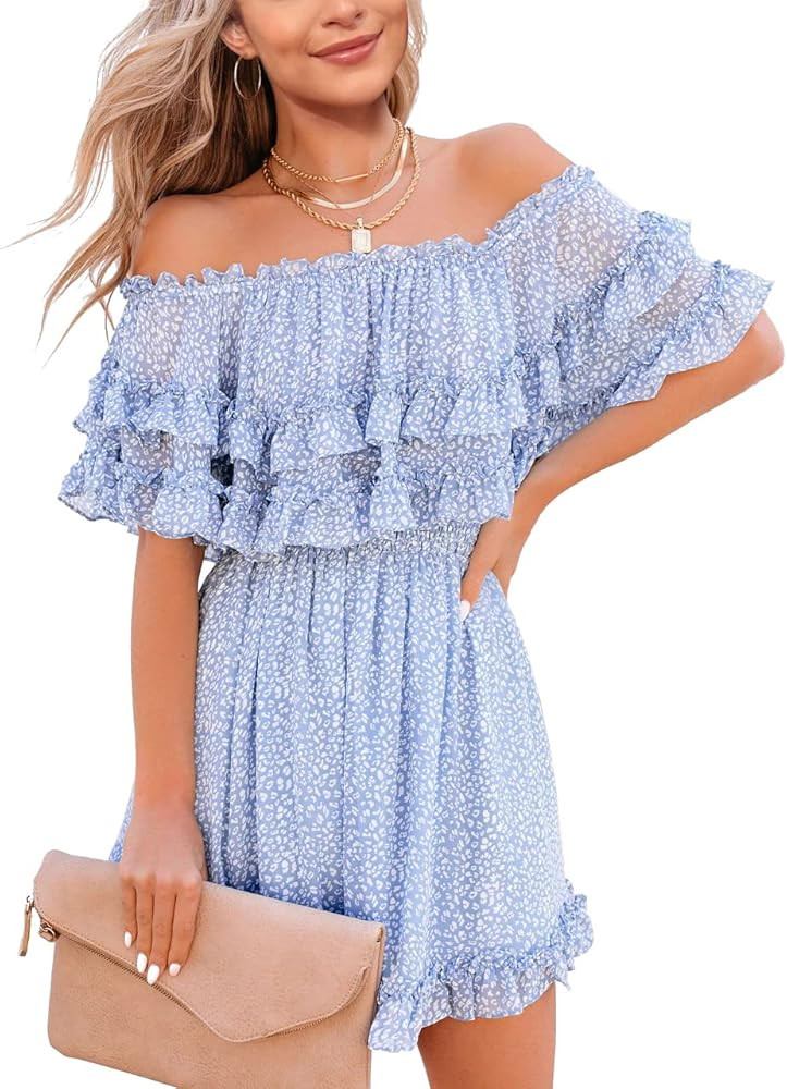 Fazortev Womens Flowy Off Shoulder Dress Summer Ruffle Smocked Casual Square Neck Elastic Waist M... | Amazon (US)