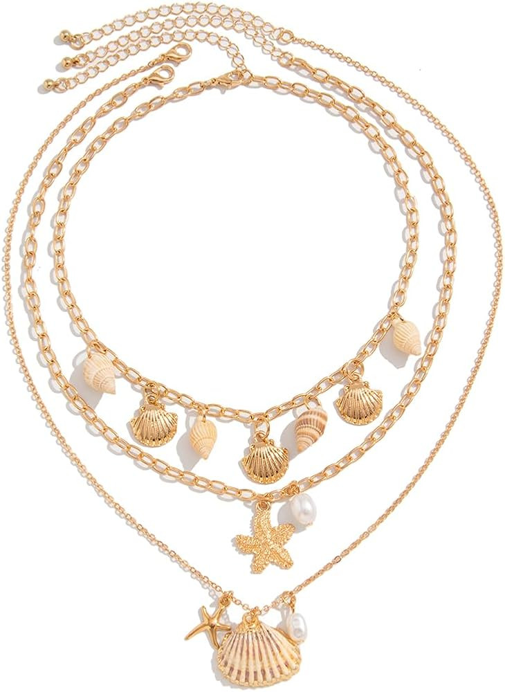 Charm Shell Necklace for Women Ocean Layered Summer Beach Jewelry Gold Plated Stackable Chain Boh... | Amazon (US)