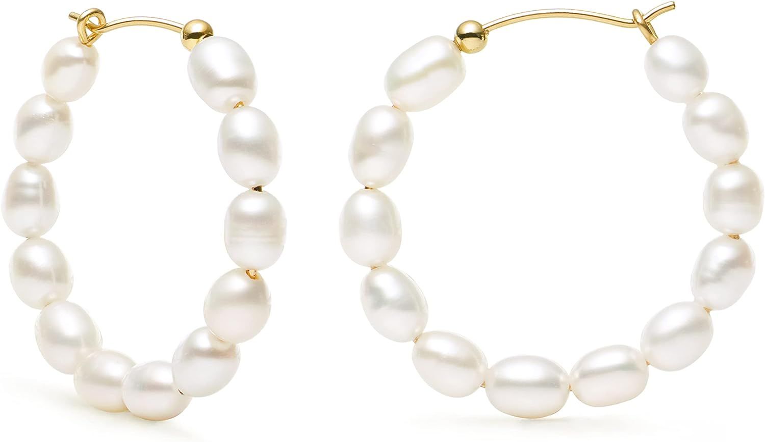 Pearl Hoop Earrings for Women 14K Gold Filled White Small Freshwater Cultured Real Pearl Hoop Ear... | Amazon (US)