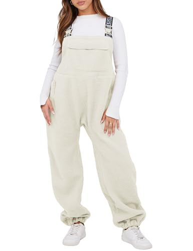 SeekMe Womens Fleece Overalls 2024 Warm Winter Casual Loose Jumpsuits Sherpa Bib Overalls Fuzzy Ski Pants with Pockets(1833-Beige-M) | Amazon (US)