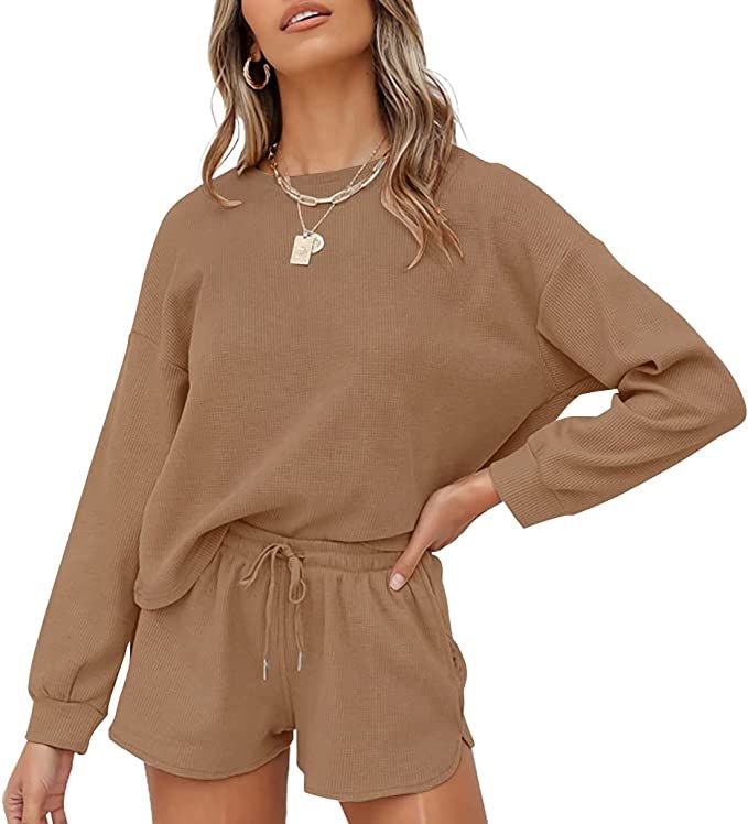 ZESICA Women's Waffle Knit Long Sleeve Top and Shorts Pullover Nightwear Lounge Pajama Set with P... | Amazon (US)