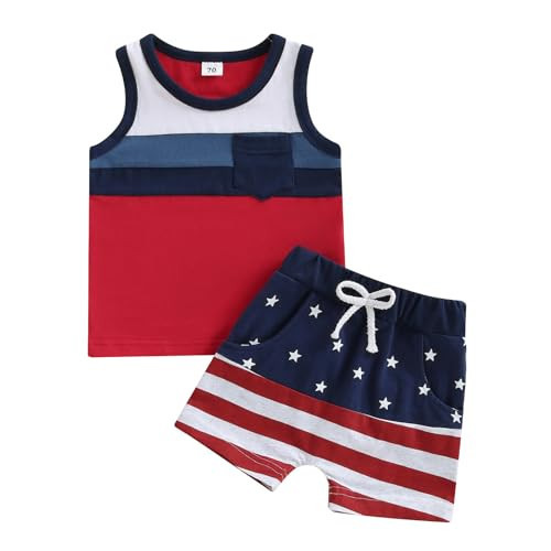 Sprifallbaby Toddler Baby Boy Summer Clothes 4th of July Independence Contrast Color Tank Tops Star Striped Shorts Outfit Set (Red, 12-18 Months) | Amazon (US)