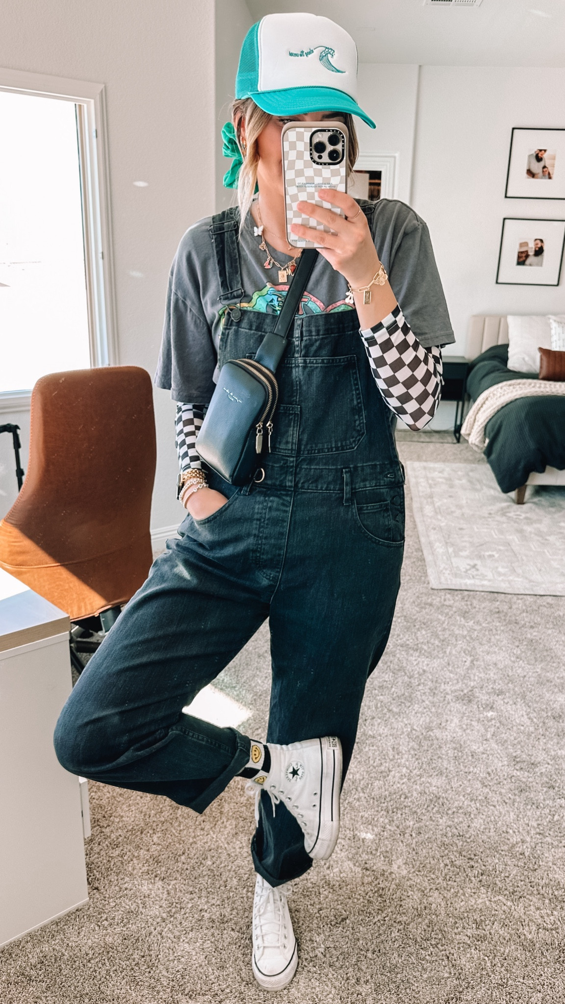 Sizing 👇🏻🏁💚🦋
Checkered tee: s
Graphic tee: 2xl
Overalls: m
Shoe: 6.5 (down a half size)
Hat is from @alongthewavesco on IG linked similar
Charm necklace and bracelet I made myself 🫶🏻🫶🏻

Cute overall outfit, checkered sleeves outfit! color crayons right now

#LTKfindsunder100 #LTKfindsunder50