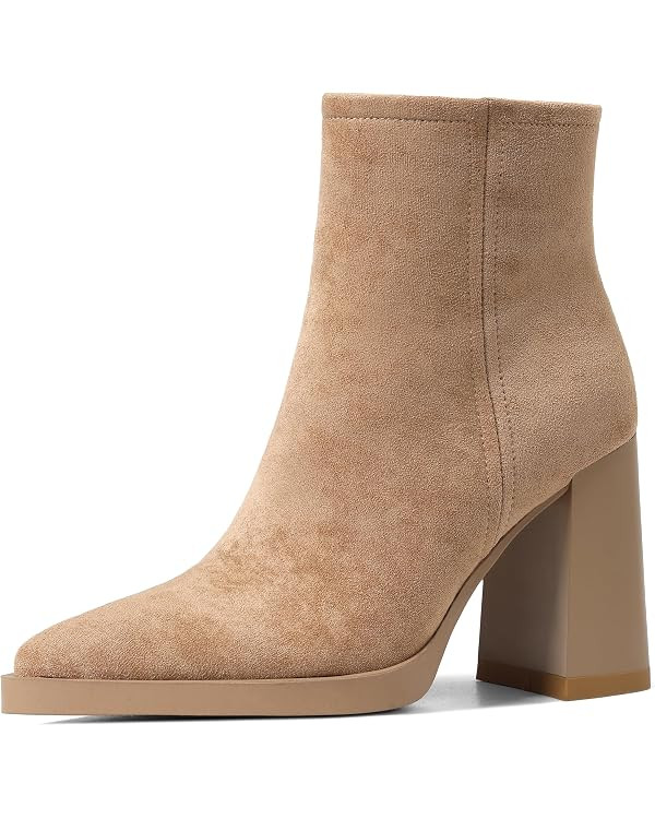 Heel Ankle Boots for Women Platform Pointed Toe | Chunky Block High Heel Short Boots Ankle Bootie... | Amazon (US)