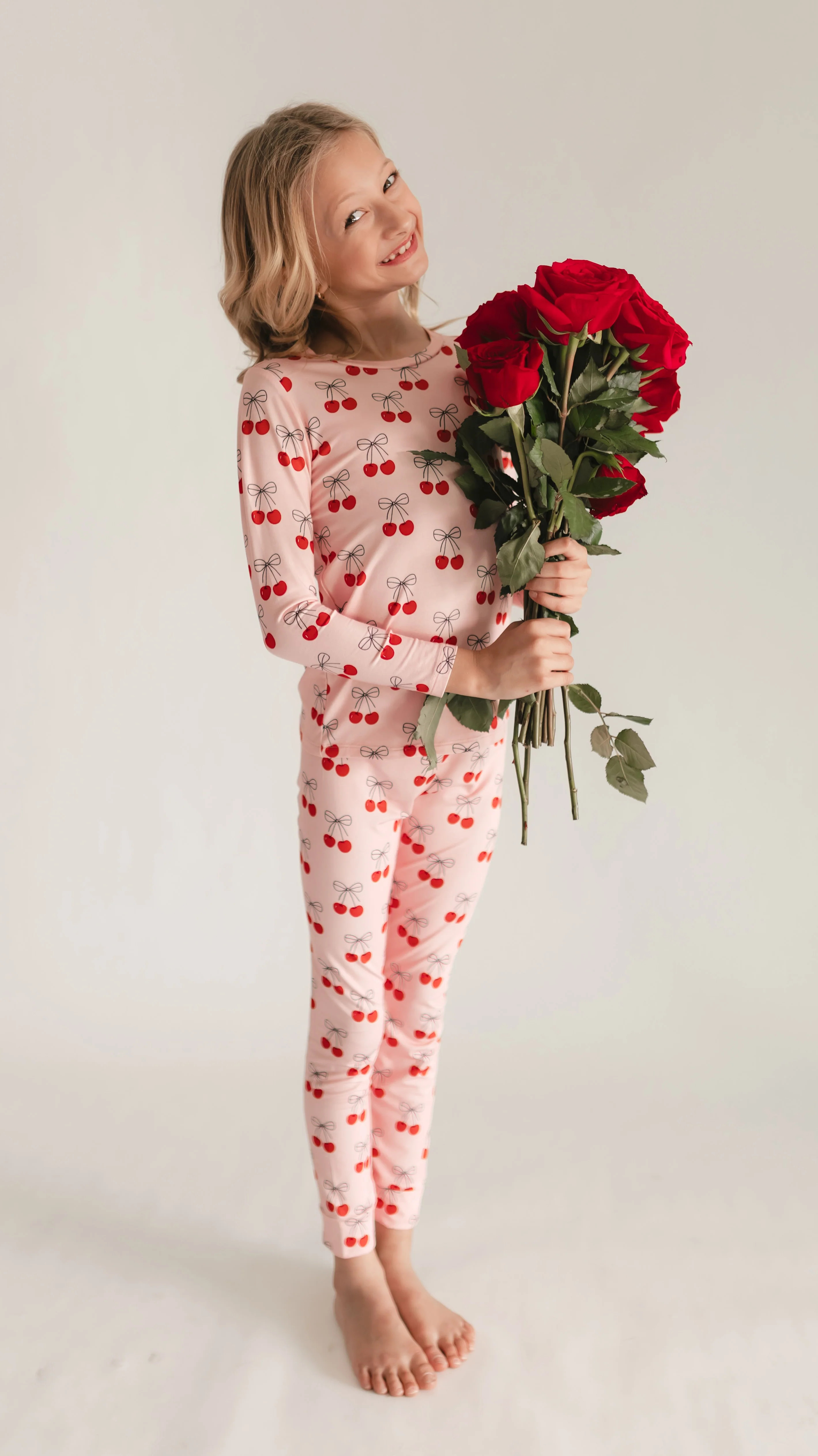 Youth Pajama Set in Pink Cherry Bows | Silks Design