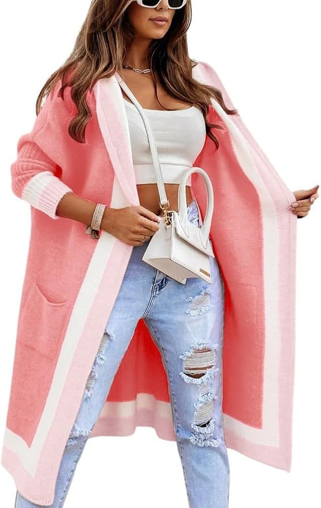 yoeasy Women's Color Block Striped Hooded Knit Long Cardigan Sweaters Oversized Open Front Long S... | Amazon (US)