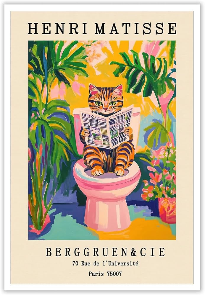 KOEUIRW Vintage Henri Matisse Canvas Wall Art Funny Animal Bathroom Poster Cute Tabby Cat On A To... | Amazon (US)