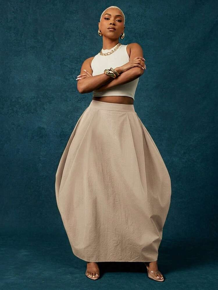 Vixey Lightweight Woven High Waist Balloon Shape Maxi Skirt, Statement Skirt, Casual, Bold, Comfy Oversized | SHEIN