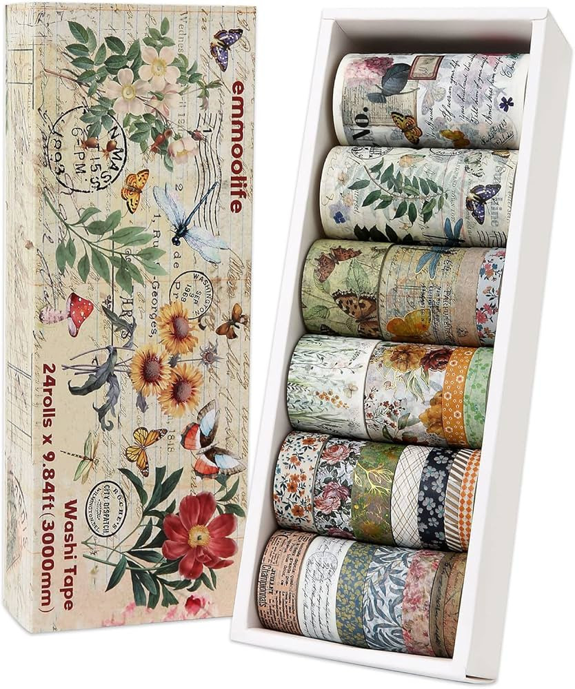 24 Rolls Vintage Washi Tape Set, Floral Letter Butterfly Mushroom Botanical Flower Writable Decor... | Amazon (US)