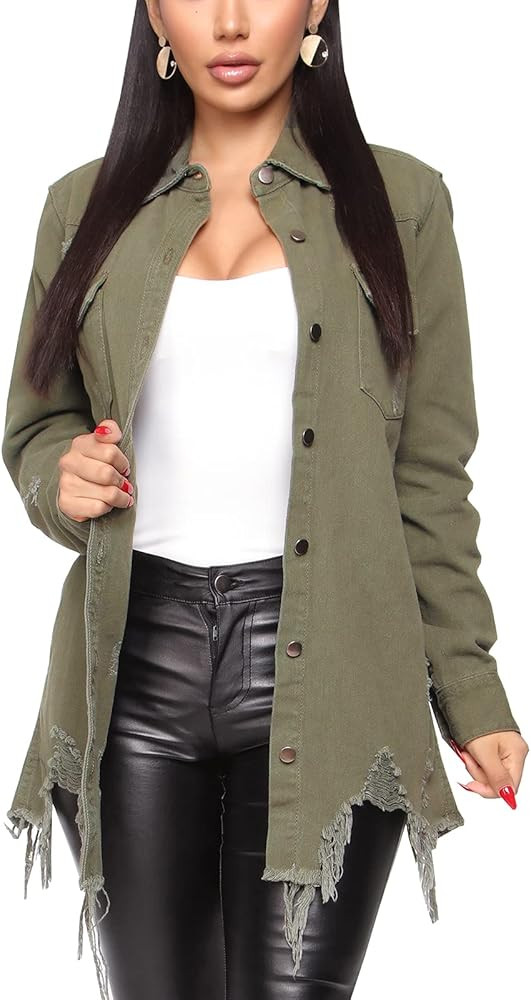 Women's Denim Jacket Classic Distressed Fray Hem Tassels Boyfriend Denim Trucker Jackets Outercoa... | Amazon (US)