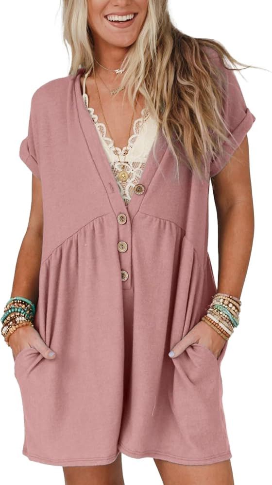 Glamaker Women's Summer Short Sleeve Romper Casual V Neck Wide Leg Short Jumpsuit Button Beach Ro... | Amazon (US)
