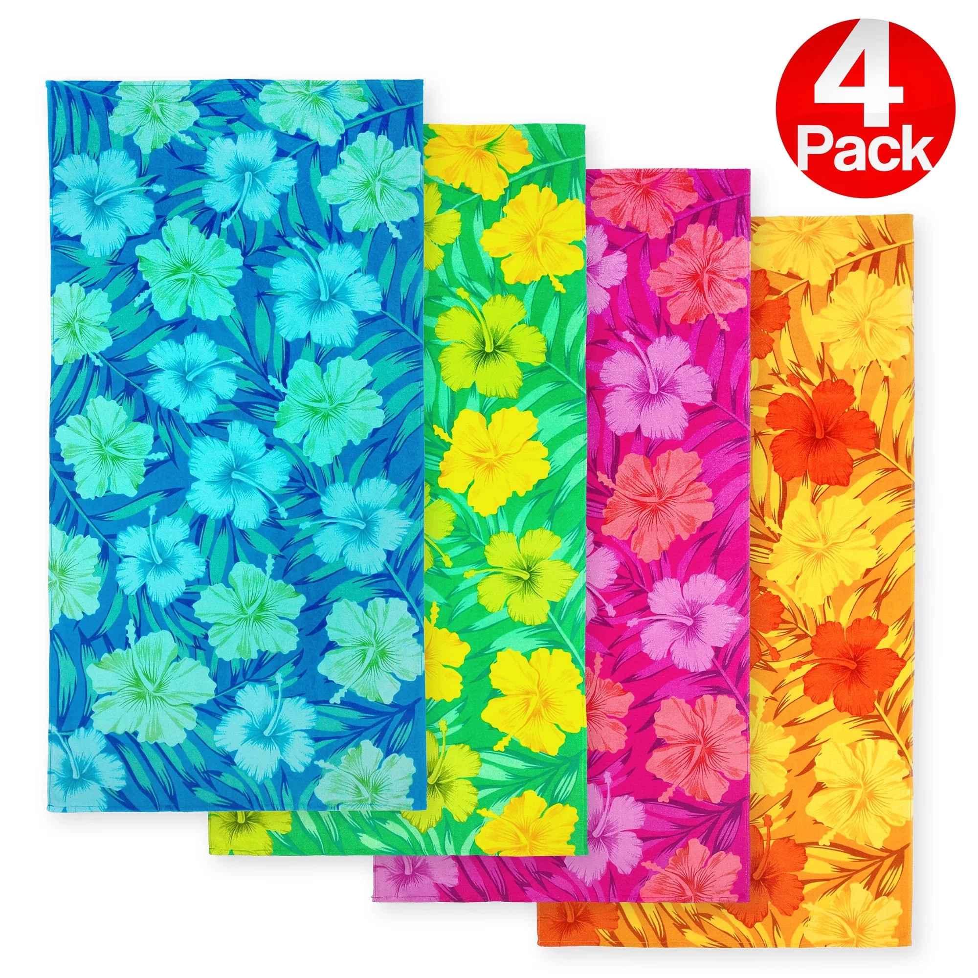 Kaufman - 4 Pack Colorful, Soft, Absorbent 30"X60" Hibiscus Fiber Reactive Beach Towel | Walmart (US)