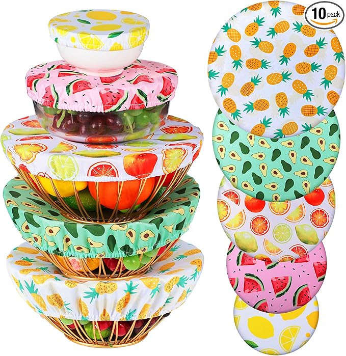 Patelai 10 Pcs Bowl Covers Reusable in 5 Size Stretch Cloth Fabric Elastic Food Storage Bowl Cove... | Amazon (US)