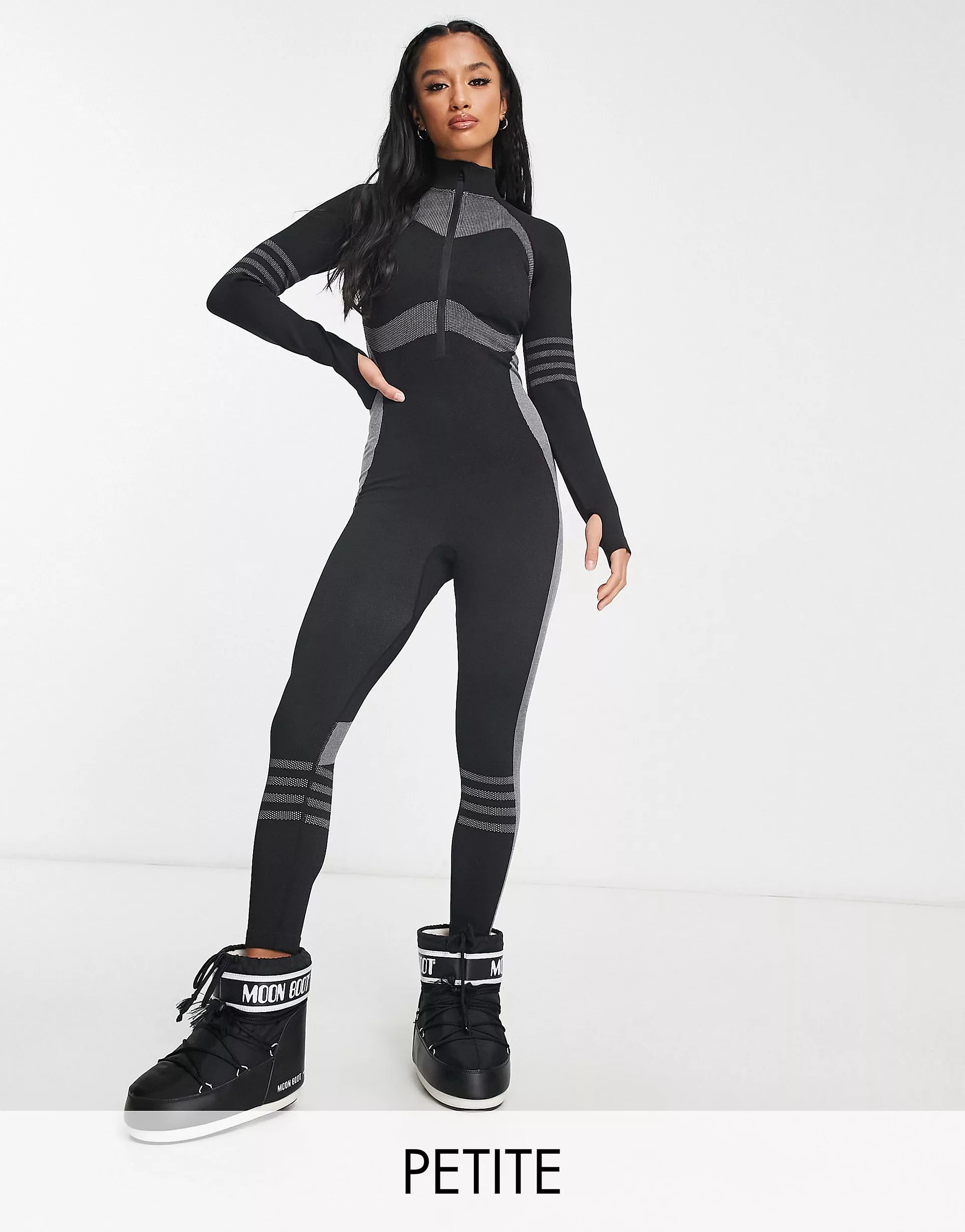 ASOS 4505 Petite all in one base layer with 1/2 zip and contouring detail in black | ASOS (Global)