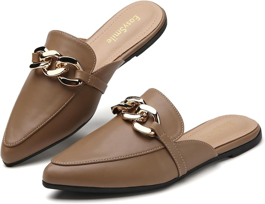 EasySmile Metal Chain Decor Flat Mules for Women Closed Pointed Toe Slip on Loafers Slides Backle... | Amazon (US)