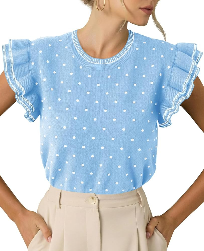 Saodimallsu Womens Ruffle Short Sleeve Sweaters Polka Dots Casual Crew Neck Flutter Sleeve Knit S... | Amazon (US)