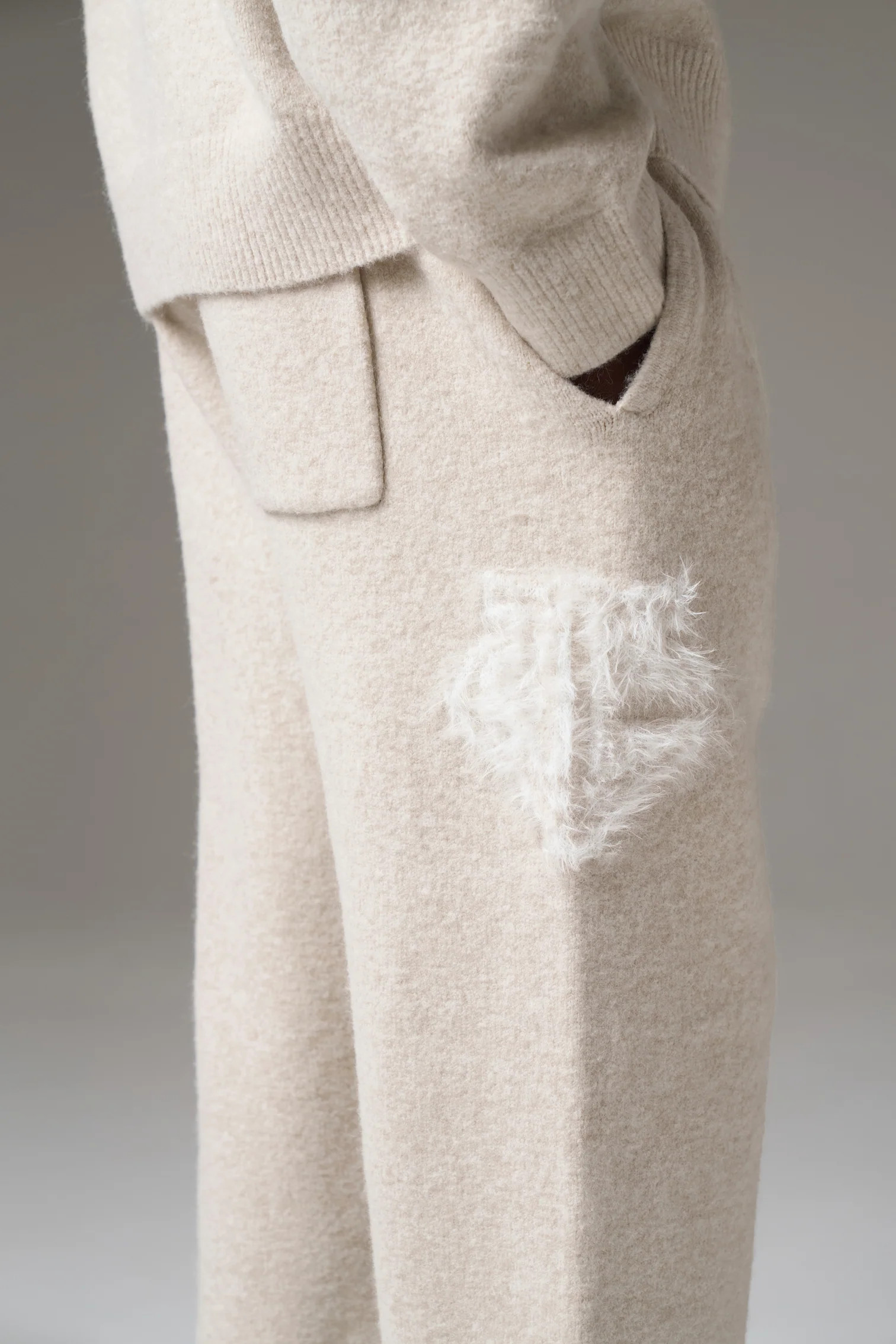 MONOGRAM FLUFFY KNIT JOGGERS - BEIGE | The Couture Club