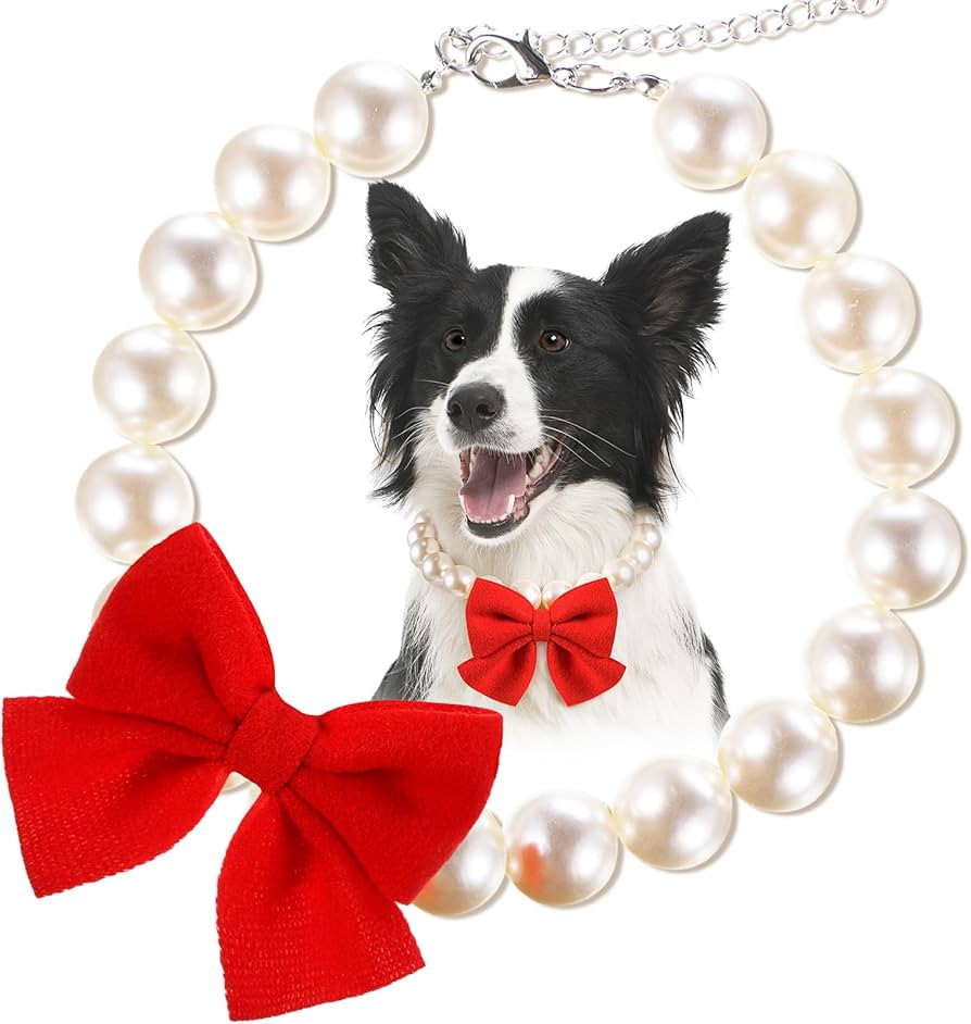 LEIFIDE Chunky Pearl Dog Necklace with Red Bow 20mm Large Bead Pearl Dog Collar Big Pearl Collar ... | Amazon (US)
