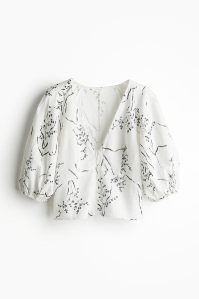 Linen-blend blouse - White/Patterned - Ladies | H&M GB | H&M (UK, MY, IN, SG, PH, TW, HK)