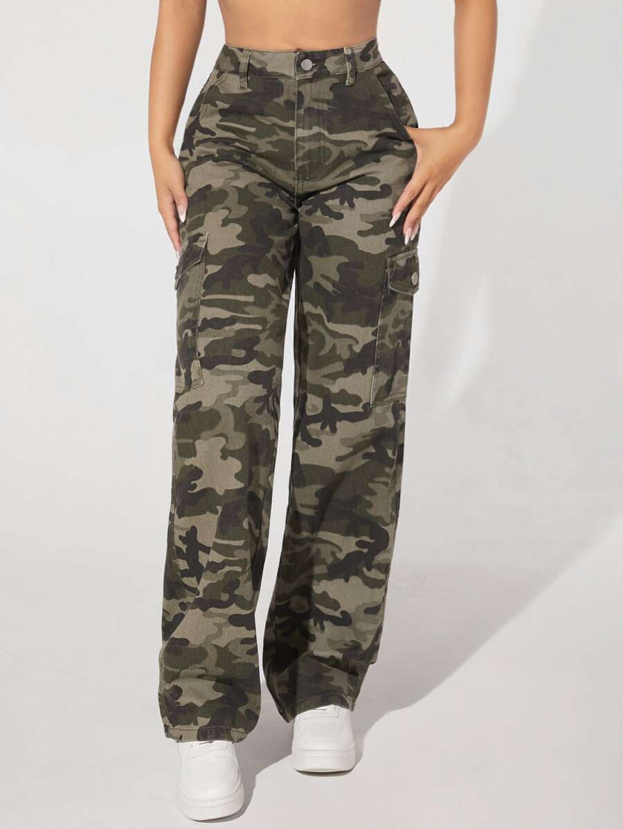 SHEIN PETITE Camo Print Flap Pocket Cargo Jeans | SHEIN
