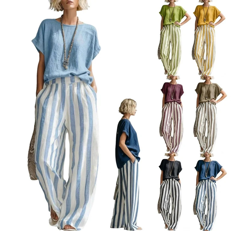 Kelon 2026 Summer Vacation Outfits Women's 2 Piece Set, Cozy Loose-Fit Striped Cotton-Linen Casua... | Walmart (US)