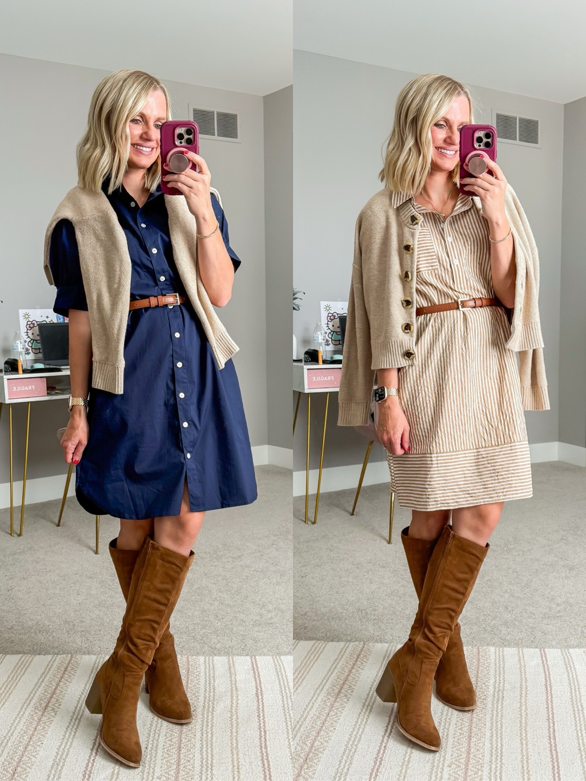 Two Amazon shirt dresses styled with tall boots for fall 🍂 I’m wearing a small in both!