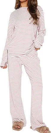 MISSACTIVER Women's Striped 2 Piece Lounge Set Casual Long Sleeve T-Shirt Drawstring Wide Leg Pan... | Amazon (US)